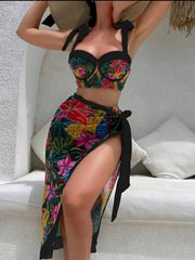 Vintage Black Floral Print Bikini Push Up Underwire Bra High Waist Swimsuit Beach Bathing Suit Skirt 3 Piece Swimwear