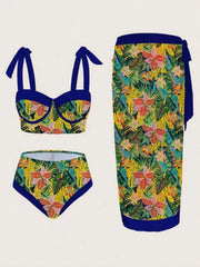 Vintage Black Floral Print Bikini Push Up Underwire Bra High Waist Swimsuit Beach Bathing Suit Skirt 3 Piece Swimwear