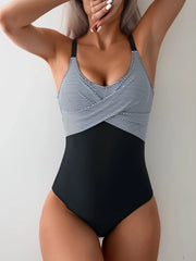Vintage Black Striped One Piece Swimsuit V Neck Pleate Cross Slim Tummy Control Swimwear Beach Bathing Suit Monokini
