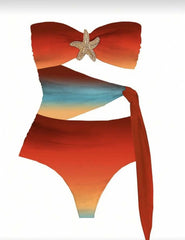 Vintage Blue Gradient Swimwear Pleate Long Skirt Bikini Set