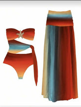 Vintage Blue Gradient Swimwear Pleate Long Skirt Bikini Set