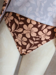 Vintage Coffee Floral Print Two Piece Swimsuit V Neck Slim Dress High Waist Short Swimsuit Beach Bathing Suit Bikini