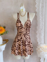 Vintage Coffee Floral Print Two Piece Swimsuit V Neck Slim Dress High Waist Short Swimsuit Beach Bathing Suit Bikini