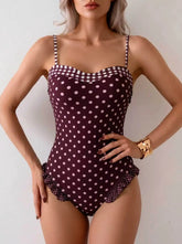Vintage Dot One Piece Suits Bathing Suit Plaid Check Binding Sweetheart Neck Ruffle Frill Leg Strap Pool Swimwear