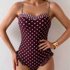 Vintage Dot One Piece Suits Bathing Suit Plaid Check Binding Sweetheart Neck Ruffle Frill Leg Strap Pool Swimwear