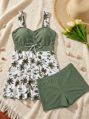 Vintage Green Leaves Print Patchwork Tankini Set