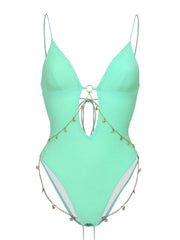 Vintage Green Swimwear Deep V Neck Hollow Out Backless Bathing Suit Metal Chain Belt One Piece Swimsuit Monokini