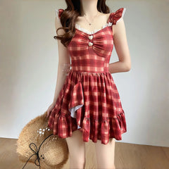 Vintage Red Plaid Dress One Piece Swimsuit Korean Lace Trim Ruffles Botton Slim Bathing Suit Holiday Skirt Swimwear