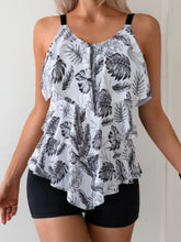Vintage White Leaves Ruffles Tank Top Two Piece Swimsuit Sports High Waist Shorts Tankini Set
