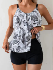 Vintage White Leaves Ruffles Tank Top Two Piece Swimsuit Sports High Waist Shorts Tankini Set