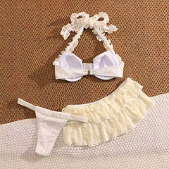 Vintage White Pleate Mesh Skirt 3 Piece Bikini Set