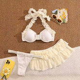Vintage White Pleate Mesh Skirt 3 Piece Bikini Set