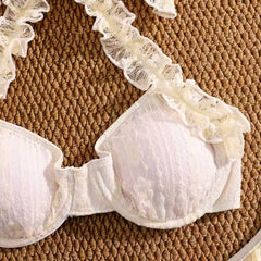 Vintage White Pleate Mesh Skirt 3 Piece Bikini Set
