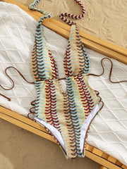 Vintage Yellow Stripe Swimwear V Neck Hollow Out Backless One Piece Swimsuit Beach Bathing Suit Holiday Monokini