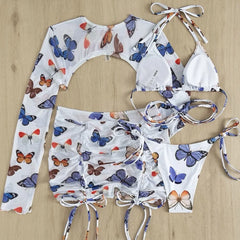 White Butterfly Print Swimwear Cover Up Bikinis Sets