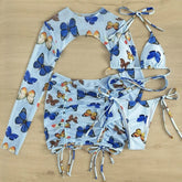 White Butterfly Print Swimwear Cover Up Bikinis Sets