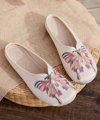 White Flat Slide Sandals Cotton Fabric Soft Splicing Embroidered