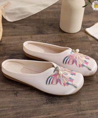 White Flat Slide Sandals Cotton Fabric Soft Splicing Embroidered