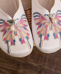 White Flat Slide Sandals Cotton Fabric Soft Splicing Embroidered