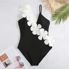 White Flower Swimsuit High Waist Skirt Bikini Black 3 Piece Monokini Brazilian Conservative Bathing Suit Swimwear QJY