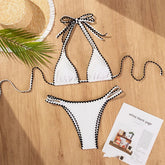 White Halter Swimwear Triangle Micro Thong Bikini Swimsuit String Bathing Suit Black Edge Bikinis Sets