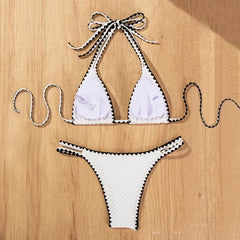 White Halter Swimwear Triangle Micro Thong Bikini Swimsuit String Bathing Suit Black Edge Bikinis Sets