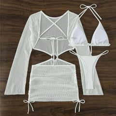 White Mesh Backless Dress Cover Up Swimwear 3 Piece Bikini Set