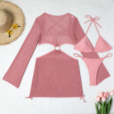 White Mesh Backless Dress Cover Up Swimwear 3 Piece Bikini Set