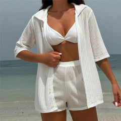 White Mesh Shirts Shorts Swimwear 4 Piece Bikinis Sets