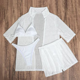 White Mesh Shirts Shorts Swimwear 4 Piece Bikinis Sets