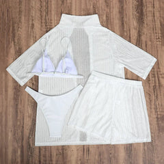 White Mesh Shirts Shorts Swimwear 4 Piece Bikinis Sets