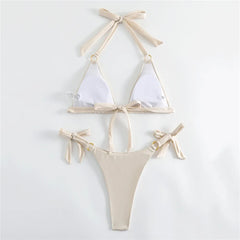 White Ruched Bow Kontted Swimwear Halter Micro Bikini Thong Swimsuit Metal Ring Bathing Suit Bikinis Sets
