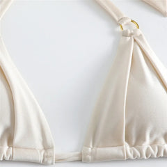 White Ruched Bow Kontted Swimwear Halter Micro Bikini Thong Swimsuit Metal Ring Bathing Suit Bikinis Sets
