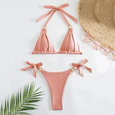 White Ruched Bow Kontted Swimwear Halter Micro Bikini Thong Swimsuit Metal Ring Bathing Suit Bikinis Sets