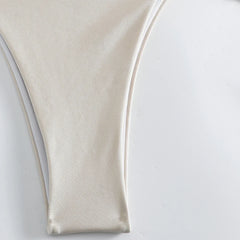 White Ruched Bow Kontted Swimwear Halter Micro Bikini Thong Swimsuit Metal Ring Bathing Suit Bikinis Sets