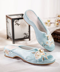 White Slide Sandals Chunky Cotton Fabric Comfortable Embroidered Splicing