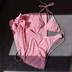 White Swimwear with Cover Up Halter Micro Thong 3 Piece Bikini Set