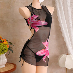With Cover Up Flower Printed Halter Bikini Swimwear Female Swimsuit Three-pieces Bikini Set