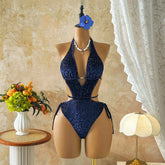3 Color Leopard Print One Piece Swimsuit Halter Deep V Neck Cutout Waist Tie Side Monokini Beach Bathing Suit