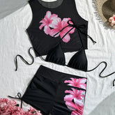 3 Piece Hibiscus Print Bikini Set