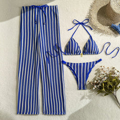 3 Pieces Striped Crochet Knit Halter Triangle Bikini Set
