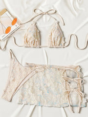 3D Floral Sequin Mesh 3 Piece Bikini Set