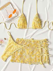 3D Floral Sequin Mesh 3 Piece Bikini Set
