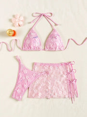 3D Floral Sequin Mesh 3 Piece Bikini Set