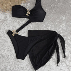Asymmetrical One Shoulder 2 Piece Swimsuit G Metal Ring Cutout One Piece Bikini + Mesh Wrap Sarong Cover Up Beach Swimwear