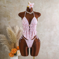 Backless Bikinis Sequin 3D Flower Halter Tankini Set