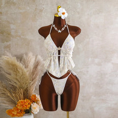 Backless Bikinis Sequin 3D Flower Halter Tankini Set