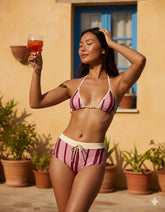 Backless Striped Halter Bikini Set