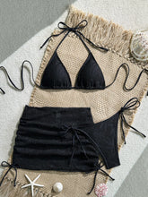 Bikinis Boho Solid Crochet 3 Piece Bathing Suit Halter Triangle Bikini Side Tie Brief Drawstring Lace Mesh Cover Up Skirt