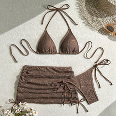 Bikinis Boho Solid Crochet 3 Piece Bathing Suit Halter Triangle Bikini Side Tie Brief Drawstring Lace Mesh Cover Up Skirt
